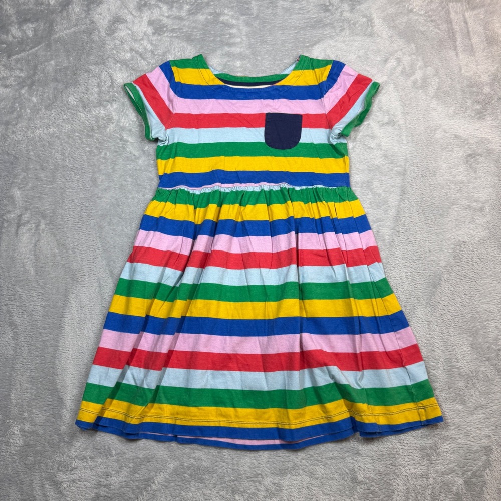 Mini Boden Rainbow Striped Dress Kids 11-12Y Multi Color Short Sleeve Pocket